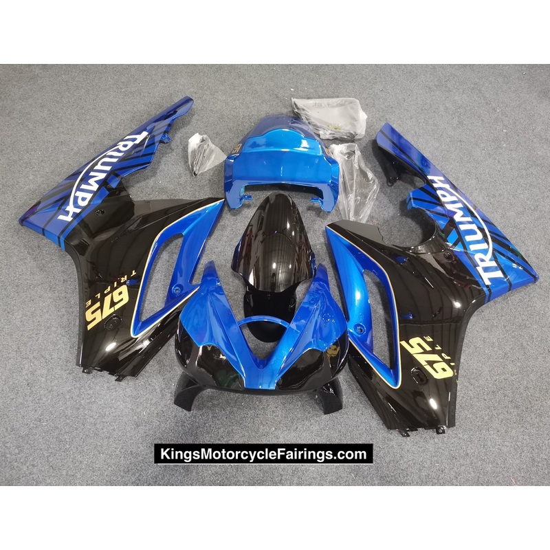 Triumph Daytona 675 (2006-2008) Blue, Black, Gold Race Fairings Clear Windscreen: Free No Bolt Kit