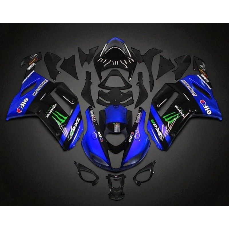 Fairings for Kawasaki Ninja ZX6R 636 (2007-2008) Blue, Black, Green Monster Clear Windscreen: Free No Seat Cowl No Bolt Kit
