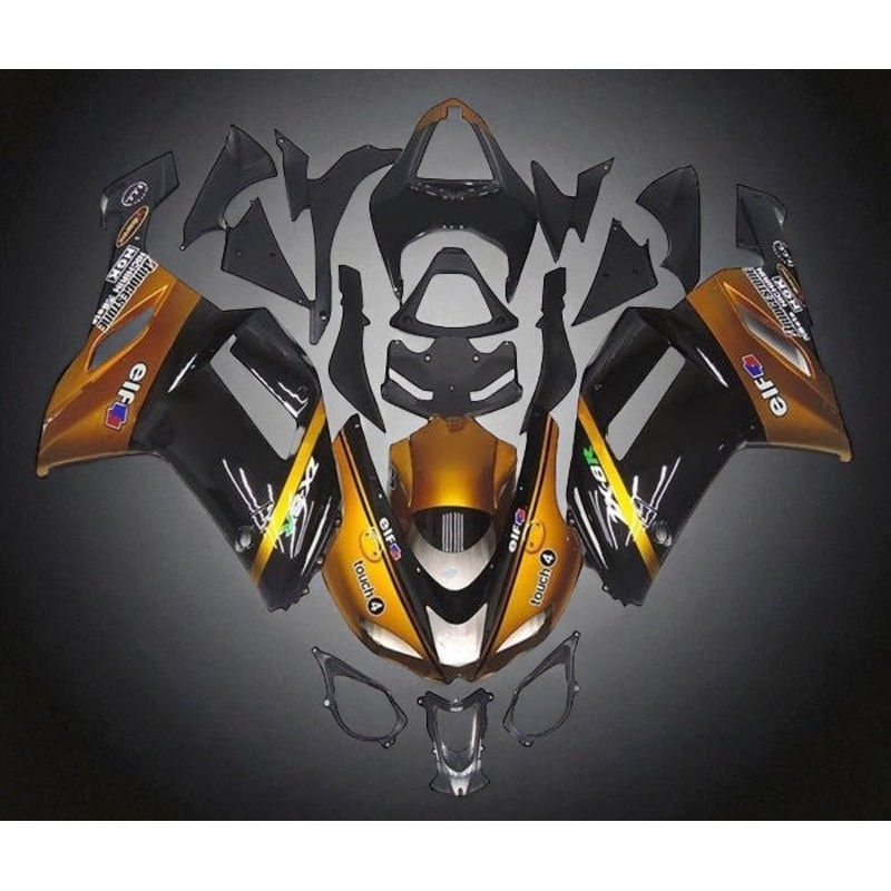 Fairings for Kawasaki Ninja ZX6R 636 (2007-2008) Gold, Black, Elf Clear Windscreen: Free No Seat Cowl No Bolt Kit