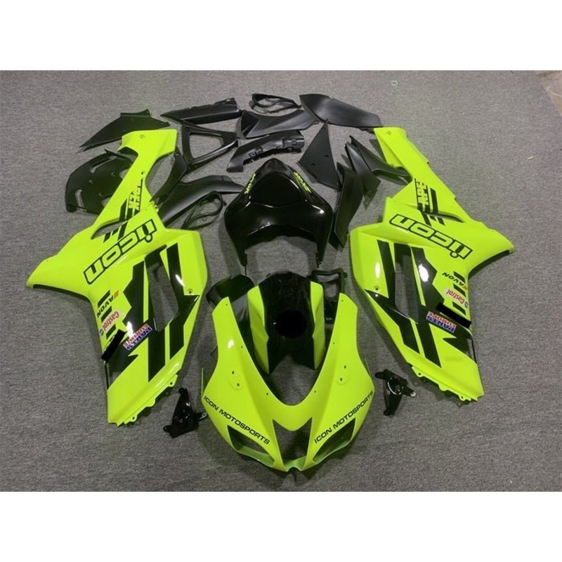 Fairings for Kawasaki Ninja ZX6R 636 (2007-2008) Neon Yellow, Black Icon Clear Windscreen: Free No Seat Cowl No Bolt Kit