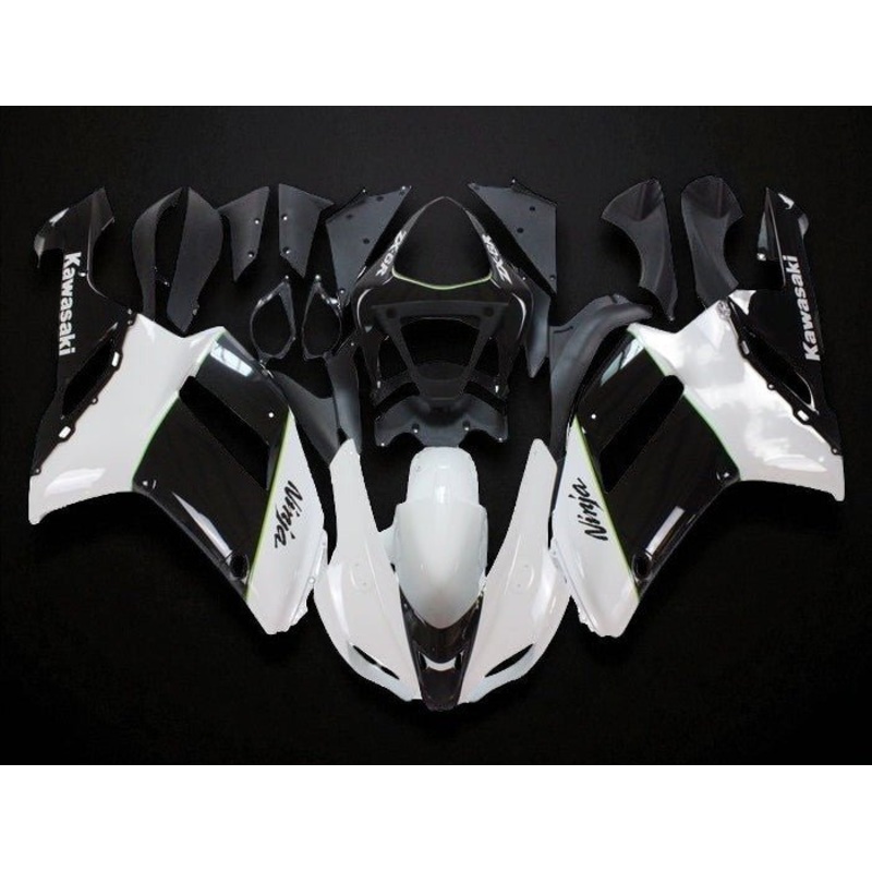 Fairings for Kawasaki Ninja ZX6R 636 (2007-2008) White, Black, Green Stripe Clear Windscreen: Free No Seat Cowl No Bolt Kit
