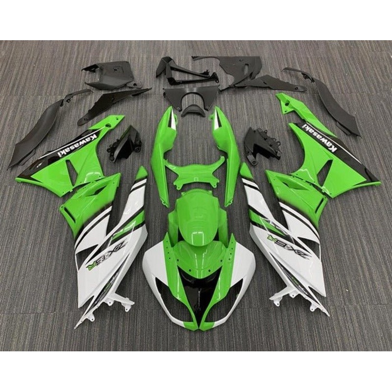 Fairings for Kawasaki Ninja ZX6R 636 (2009-2012) Green, White, Black Stripe Clear Windscreen: Free No Seat Cowl No Bolt Kit