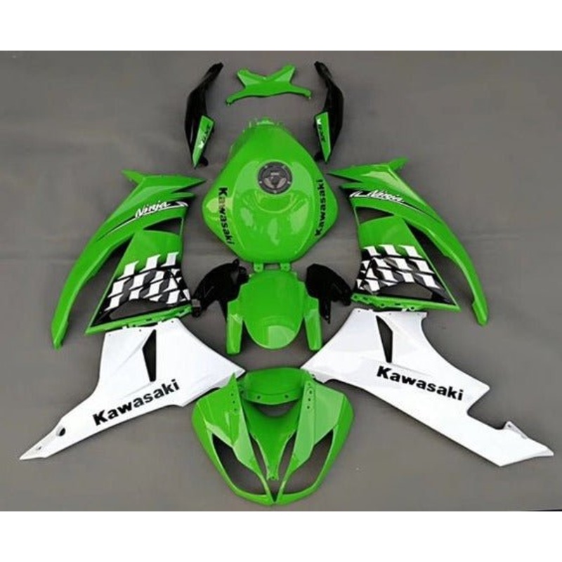 Fairings for Kawasaki Ninja ZX6R 636 (2009-2012) Green, White Pattern Clear Windscreen: Free No Seat Cowl No Bolt Kit