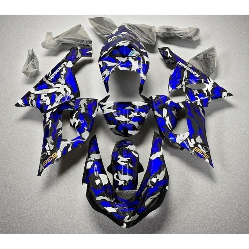 Fairings for Kawasaki ZX6R 636 (2005-2006) Blue Camouflage Clear Windscreen: Free No Seat Cowl No Bolt Kit