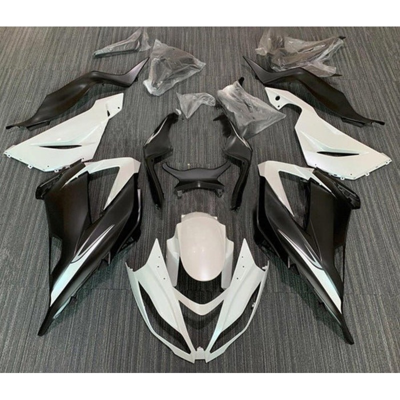Fairings for Kawasaki ZX6R 636 (2013-2018) Gloss White, Matte Black Clear Windscreen: Free No Seat Cowl No Bolt Kit