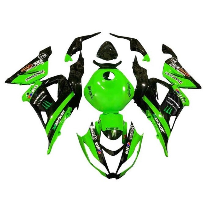 Fairings for Kawasaki ZX6R 636 (2013-2018) Green, Black Elf Clear Windscreen: Free No Seat Cowl No Bolt Kit