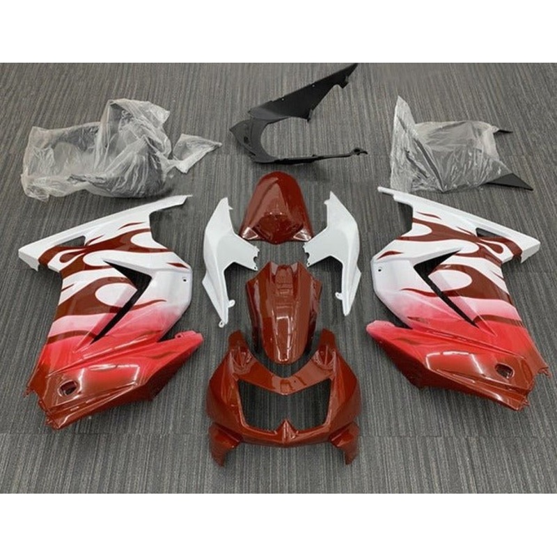 Fairings for Kawasaki Ninja 250R (2008-2013) Dark Red, White, Flames No Seat Cowl No Bolt Kit No Tank