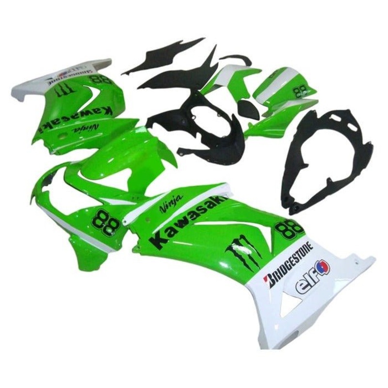 Fairings for Kawasaki Ninja 250R (2008-2013) Green, White, Black #88 No Seat Cowl No Bolt Kit No Tank