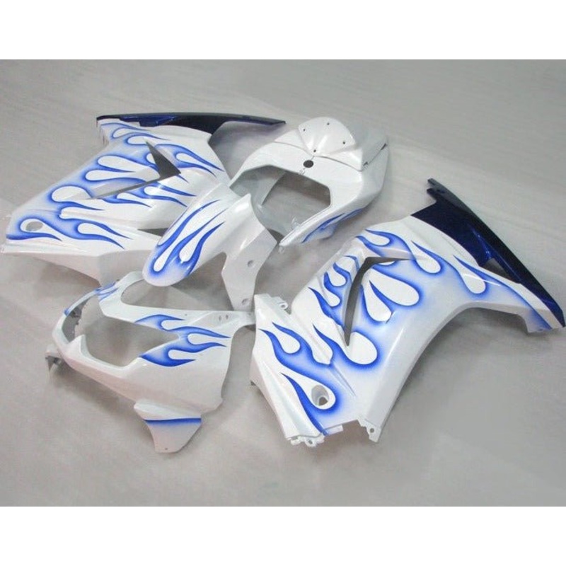 Fairings for Kawasaki Ninja 250R (2008-2013) White, Blue, Flames No Seat Cowl No Bolt Kit No Tank