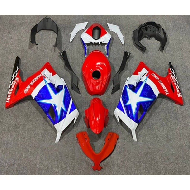 Fairings for Kawasaki Ninja 300 (2013-2024) Red, Blue, White Star No Tank No Seat Cowl No Bolt Kit