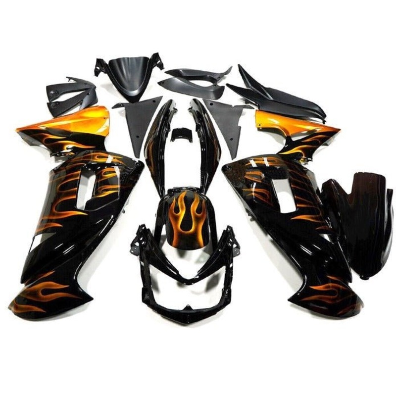 Fairings for Kawasaki Ninja 650 (2006-2008) Black, Gold Flames Clear Windscreen: Free No Bolt Kit