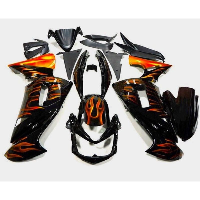 Fairings for Kawasaki Ninja 650 (2006-2008) Black, Orange Flames Clear Windscreen: Free No Bolt Kit