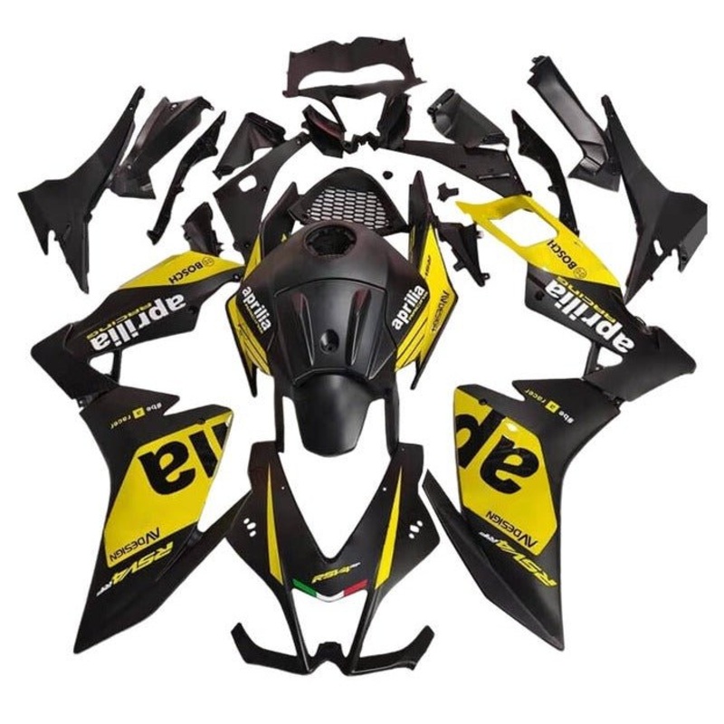 Aprilia RS4 125 (2012-2016) Matte Black, Gloss Yellow Fairings Clear Windscreen: Free No Bolt Kit No Tank