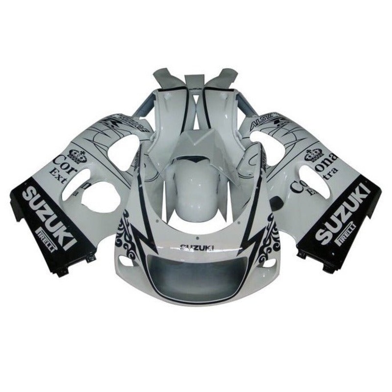 Suzuki GSXR600 (1996-1999) White, Black, Tribal Corona Fairings No Tank Clear Windscreen: Free Bolt Kit: No