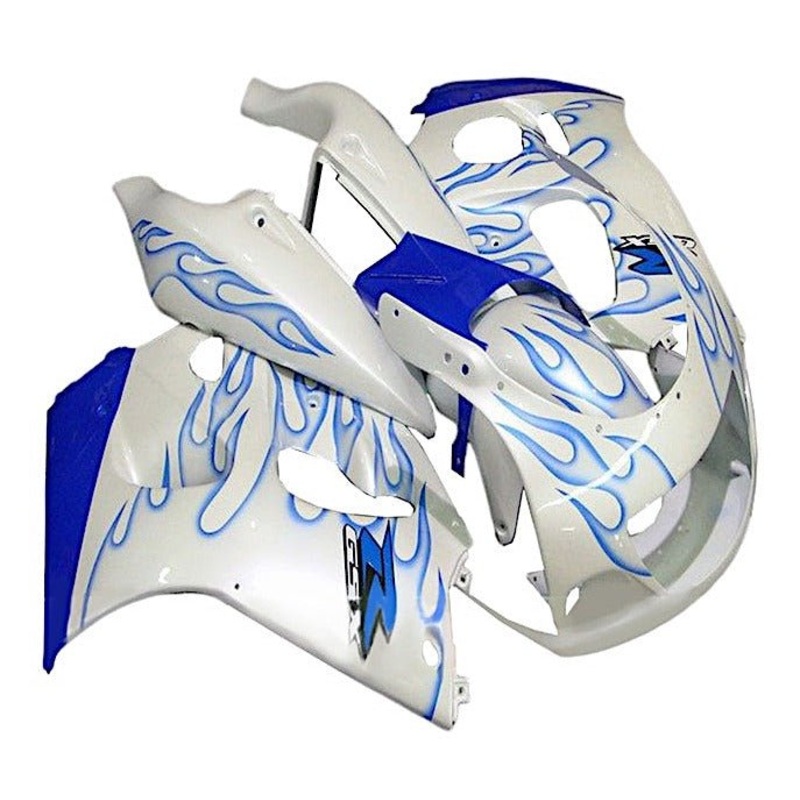 Suzuki GSXR750 (1996-1999) White, Blue Flames Fairings No Tank Clear Windscreen: Free Bolt Kit: No