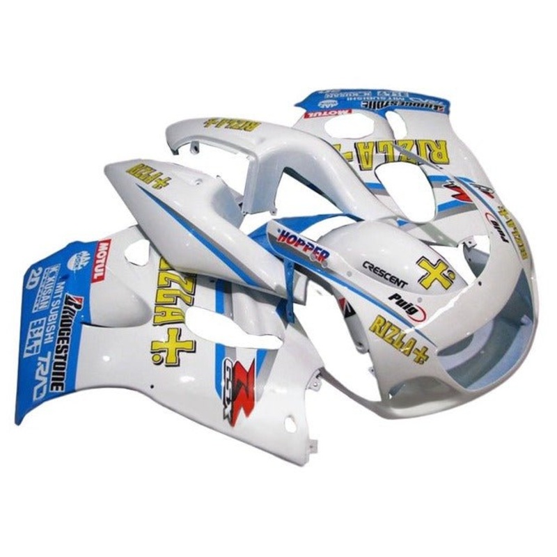 Suzuki GSXR750 (1996-1999) White, Blue, Yellow Rizla Fairings No Tank Clear Windscreen: Free Bolt Kit: No
