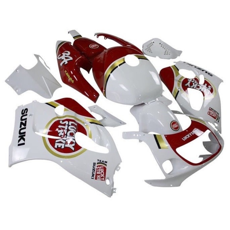Suzuki GSXR750 (1996-1999) White, Red, Gold, Lucky Strike Fairings No Tank Clear Windscreen: Free Bolt Kit: No