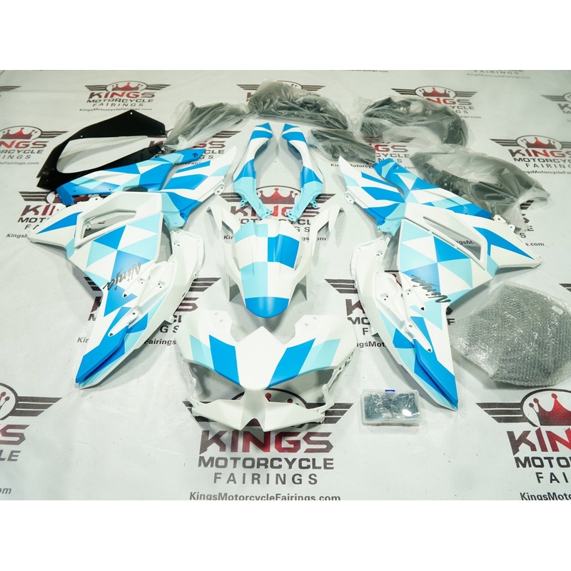 Fairings for Kawasaki Ninja 500 (2024-2025) Matte Blue, White Geometric No Tank No Bolt Kit Clear Windscreen: Free
