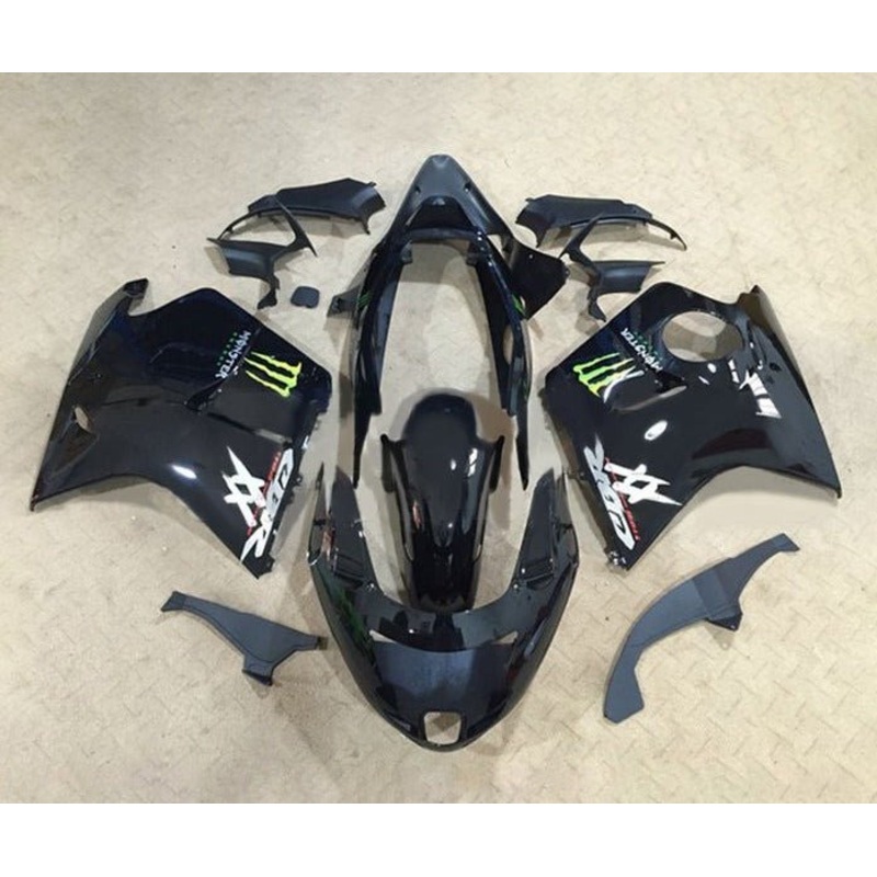 Honda CBR1100XX Super Blackbird (1996-2007) Black, Monster Energy Fairings Clear Windscreen: Free No Bolt Kit No Tank
