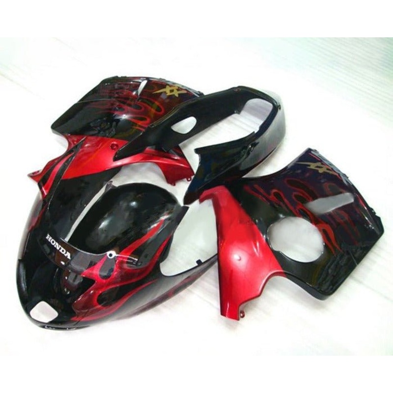 Honda CBR1100XX Super Blackbird (1996-2007) Black, Red Flames, Gold Fairings Clear Windscreen: Free No Bolt Kit No Tank