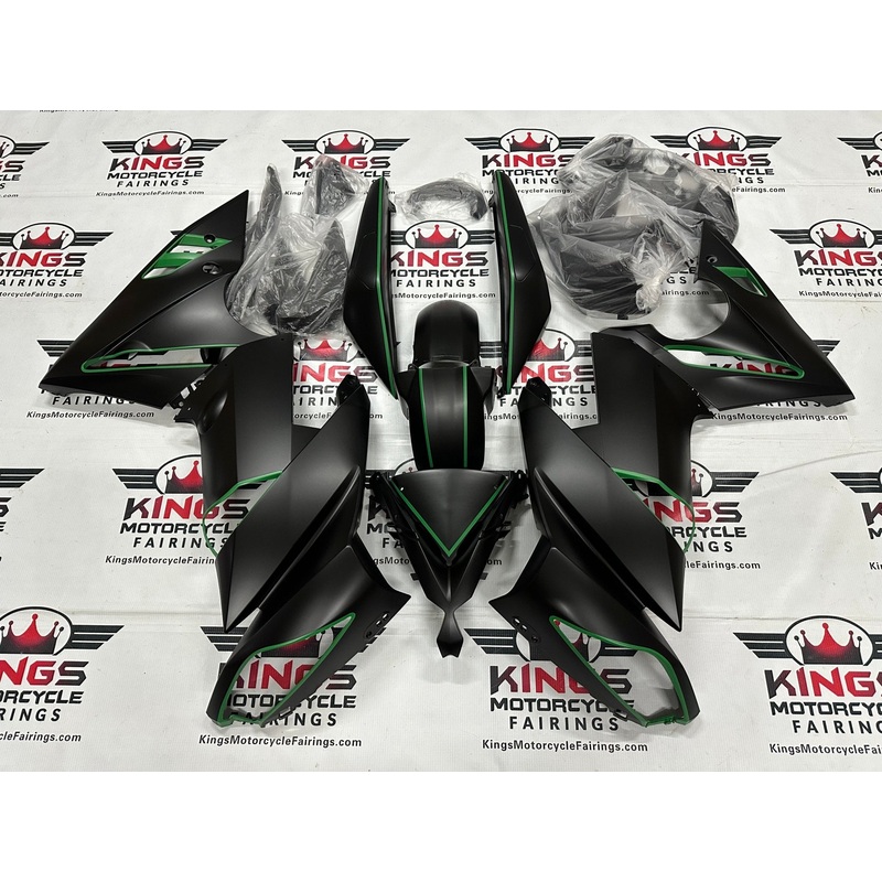 Fairings for Kawasaki Ninja 650 (2009-2011) Matte Black, Green Pinstripe Clear Windscreen: Free No Bolt Kit