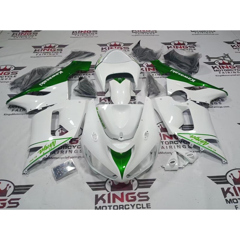Fairings for Kawasaki ZX6R 636 (2005-2006) White, Candy Green Clear Windscreen: Free No Seat Cowl No Bolt Kit
