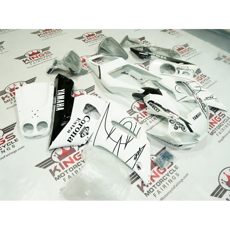 Yamaha YZF-R6 (1998-2002) White, Black Corona Tribal Fairings Clear Windscreen: Free No Bolt Kit