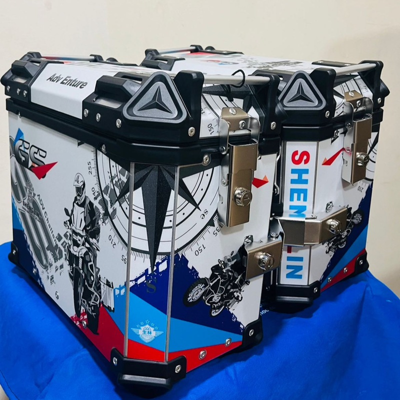 T-Bolt Aluminium 37L Panniers Graphic White Blue Red Black  Durable and Spacious Motorcycle Side Luggage Carrier