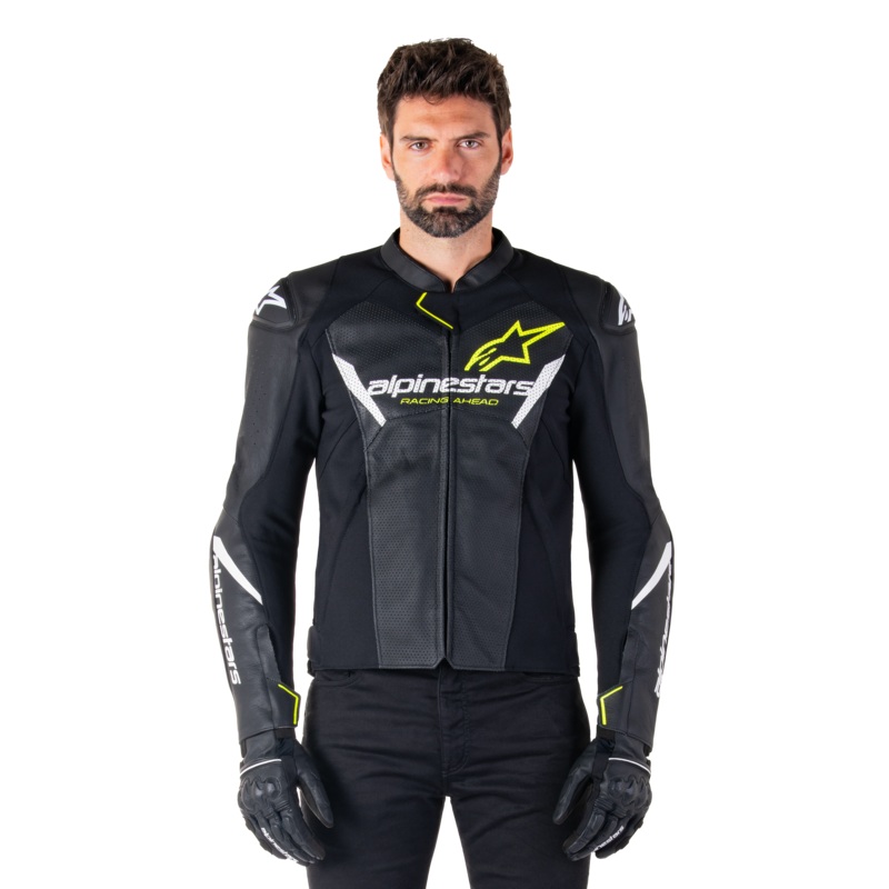 Veste En Cuir Faster V3 Airflow 46 Noir Blanc Jaune Fluo