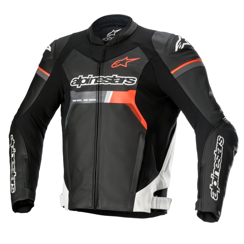 Veste En Cuir GP Force 46 Noir Blanc Rouge Fluo