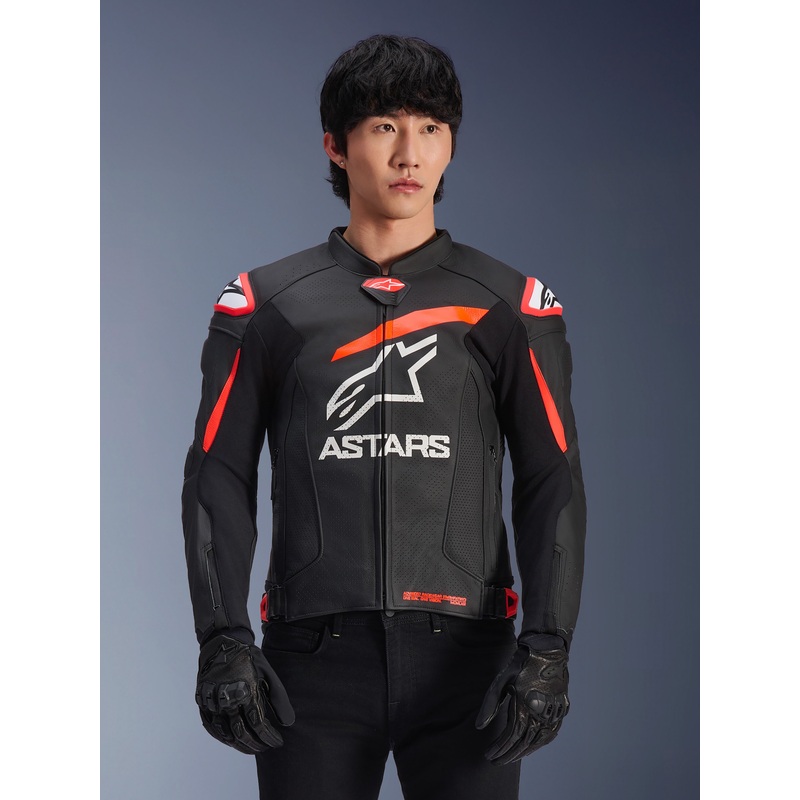 Veste En Cuir GP Plus R V4 Airflow 48 Noir Rouge Fluo Blanc